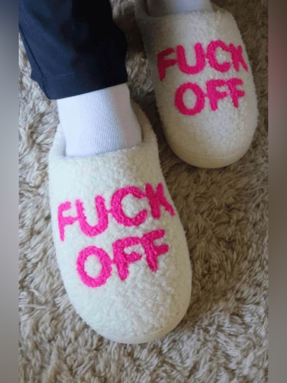 Cream Fleece Women's Slippers with Hot Pink Text